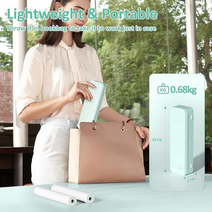 Inkless Portable Printer for Travel, Wireless Thermal Printer Supports 8.5 x 11 Inch Thermal Paper, Bluetooth Machine Includes Carry Case and 3 Rolls of Paper Kit, Green