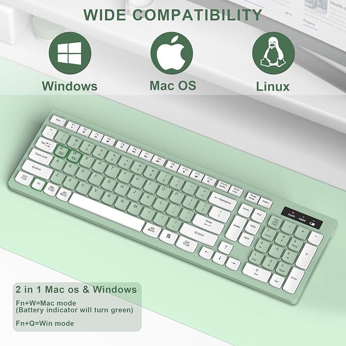 RECCAZR Wireless Keyboard Silent for Office and Home(Avocado Green) | 2.4G Full Size Silent Cordless Keyboard with Tilt Legs for Windows/Mac OS/Desktop/Laptop/PC