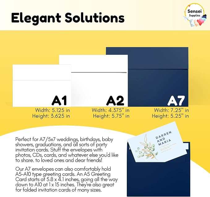 200 5x7 Navy Blue Invitation Envelopes - For 5x7 Cards - A7 - (5 ¼ x 7 ¼ inches) - Perfect for Weddings, Graduation, Baby Shower - 120 GSM - Peel, Press & Self Seal - Square Flap