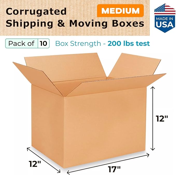 Medium Shipping & Moving Boxes 17x12x12 inches (10-Pack) - Extra Strength 200 lb vs Regular - USA-Made Corrugated Durable Cardboard Boxes - Medium Moving Box - Heavy Duty Moving Box by IDL Packaging