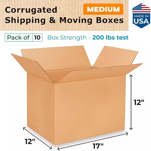 Medium Shipping & Moving Boxes 17x12x12 inches (10-Pack) - Extra Strength 200 lb vs Regular - Corrugated Durable Cardboard Boxes - Medium Moving Box - Heavy Duty Moving Box by IDL Packaging | Extra Strength 200 lb vs Regular - Corrugated Durable Cardbo...