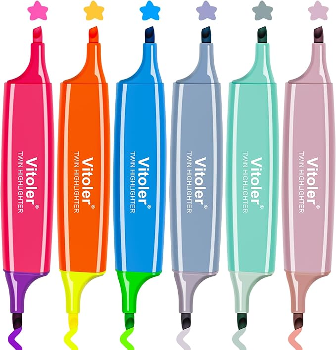 Vitoler Highlighters Assorted Colors,Bible Highlighters,6 Pcs,12 Colors,Dual Tips,No Bleed,Aesthetic Highlighter,Marker Pens for Office Supplies