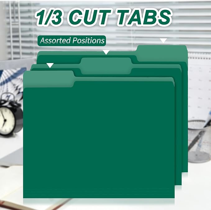 100 Packs File Folders,Green Paper Folder,1/3-Cut Tabs,File Folders Letter Size,8.5x11 Inch File Folder for Office Filing,School Projects and Home,Organizer Documents