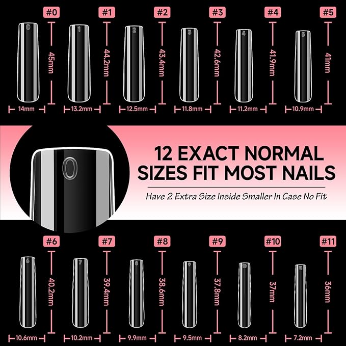 UNA GELLA Extra Long Tapered Sqaure Nail Tips Full Cover 504pcs No C Curve Clear Gel Nail Tips XXL Long Straight Nails Tips Acrylic Nails Square Gel Nails for DIY Nail Art 12 Sizes