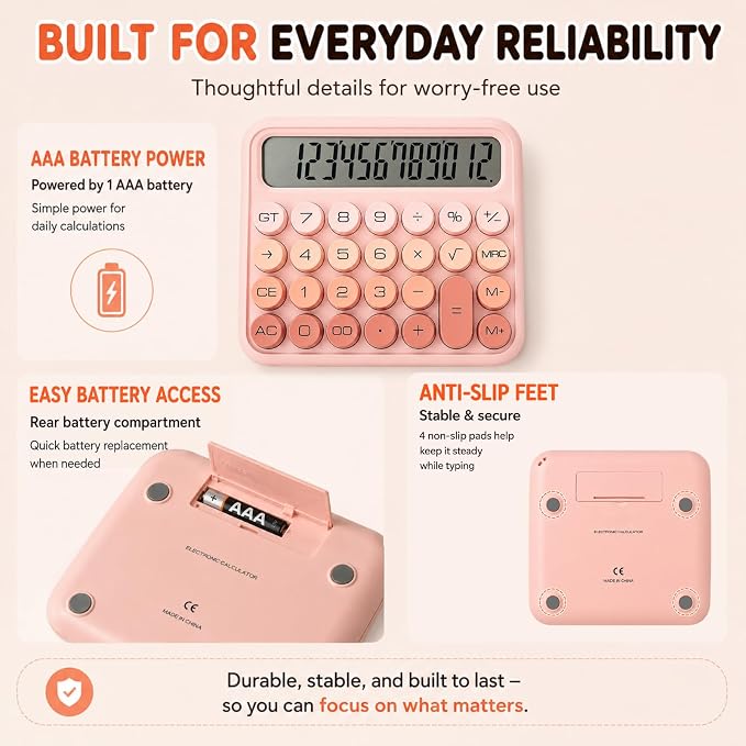 TRULY Mechanical Switch Calculator, Cream Pink Cute Retro 12-Digit Desktop Calculator with Satisfying Clicky Keys, Large Angled Display, Big Round Buttons for Office, School, Home & Gifting