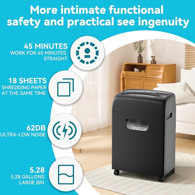Heavy Duty Paper Shredder & Cross-Cut Document Shredder - 18-Sheet Capacity for Paper/Credit Cards, Quiet Operation with 5.28 Gal Pullout Bin & Casters for Home Office Use