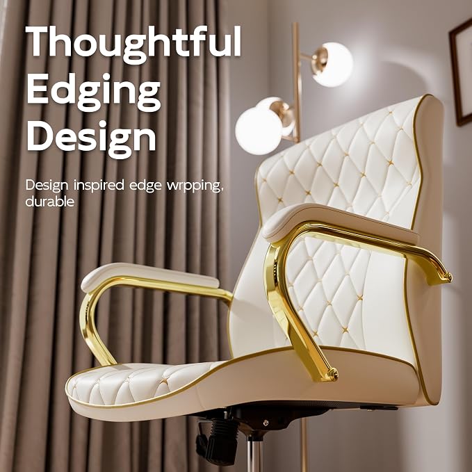 White and Gold Office Chair, Luxury Leather Executive Desk Chair | Elegant Timeless Appeal, Vintage Mid Back Styling with Wheels and Padded Arms, Thick High Density Foam Comfort