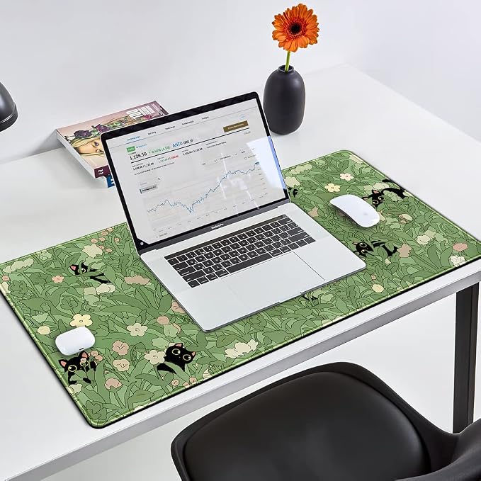 YKJWW Green Desk Mat Cat Cute Flower Plant Cool Desk Pad XXL Keyboard Mat | Desk Mat for Women Office Gamer Home Decor Supplies Desk Accessories Pad Non-Slip Mousepad with Stitched Edge Mat 31.5x15.7in