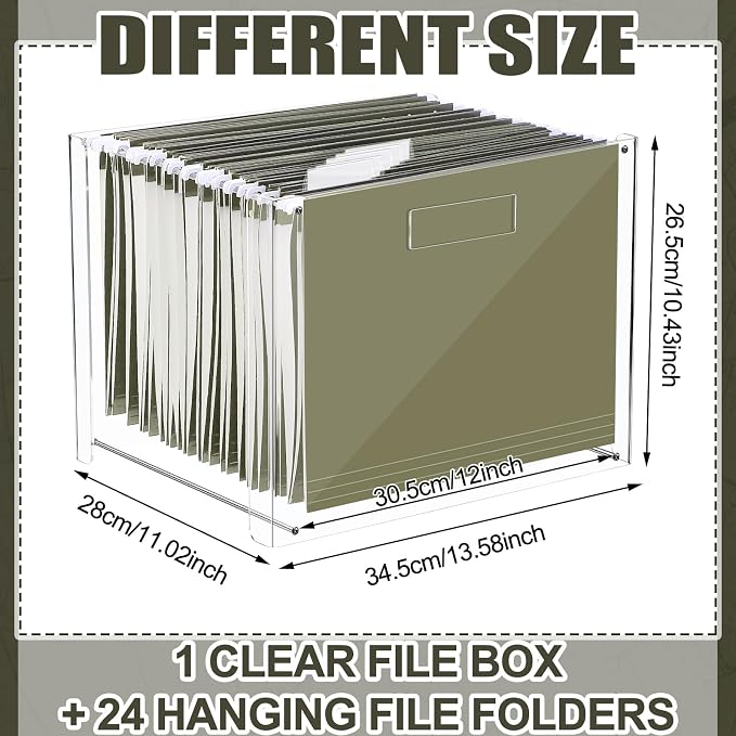 Dispowreath 24 Hanging File Folders Acrylic Desktop Organizer,Green | Clear Acrylic Box with Handles, Letter A4 Compatible, Colorful Tab Labels Included, Home Office Desktop Storage Solution