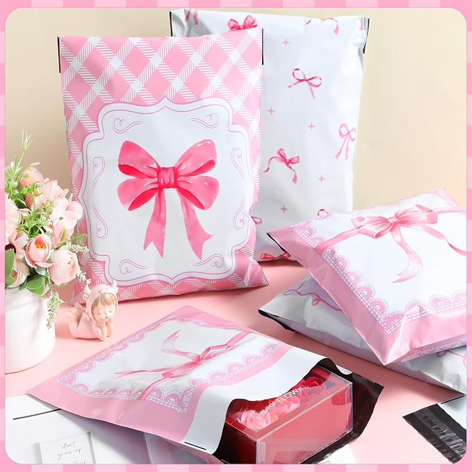 Pasimy 120 Pcs Pink Poly Bubble Mailers Bulk Cute Bow Poly Mailers 10x13 Inch Waterproof Self Adhesive Seal Padded Mailing Envelopes Coquette Mailing Bags for Shipping Small Business Packaging