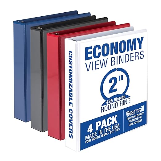 Samsill 2 Inch 3 Ring Binders, Economy Round Ring, Clear View Cover, 425 Sheet Capacity - for School, Home, Office - Assorted, 4 Pack
