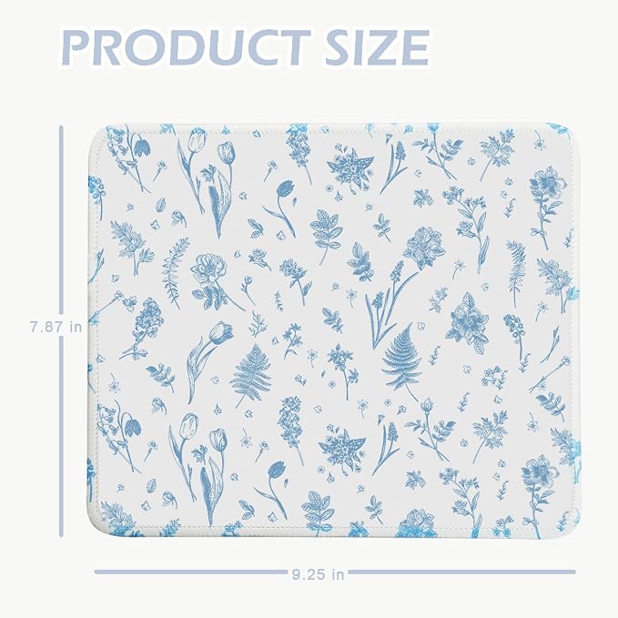 Mouse Pad for Desk with Stitched Edge, Premium Cute Washable Mouse Pads. Computer Mousepad with Non-Slip Rubber Base, Mousepads for Laptop, 9.25x7.75x0.12 inch (Blue Fern Florals)