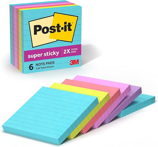 Post-it Super Sticky Notes,6 Lined Sticky Note Pads,4 x 4 in.,Ideal for Organization in Your Dorm,Home or Office,2X The Sticking Power,Supernova Neons Collection,(Pack of 12)