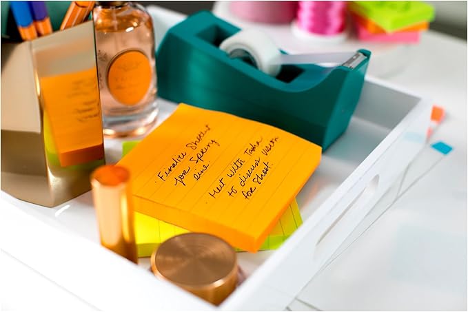 Post-it Super Sticky Lined Notes, 6 Sticky Note Pads, 4 x 4 in., Ideal for Organization in Your Dorm, Home or Office, Energy Boost Collection