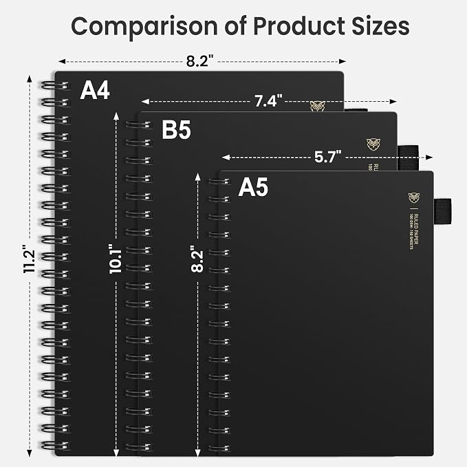 EMSHOI Lined Spiral Journal Notebook, 300 Pages, A4 Size (8.2'' x 11.2'') | College Ruled, Flexible Plastic Cover, 100 GSM Thick Paper, for School, Writing, Work, Office & Journaling (Black)