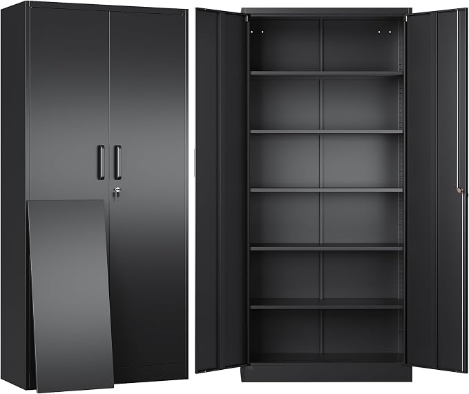Metal Storage Cabinet with Lock and 5 Adjustable Shelves,Lockable Garage Storage Cabinet,71" Black Steel File Cabinets with Locking Doors,Tool Cabinets for Home,Office,Garage