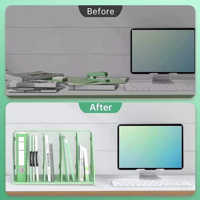 Binder Organizer, Magazine File Holder with 5 Vertical Compartments Rack, Metal Desk File Organizer & Binder Holders, Magazine Organizers for Office Desktop, Home, School (Green)