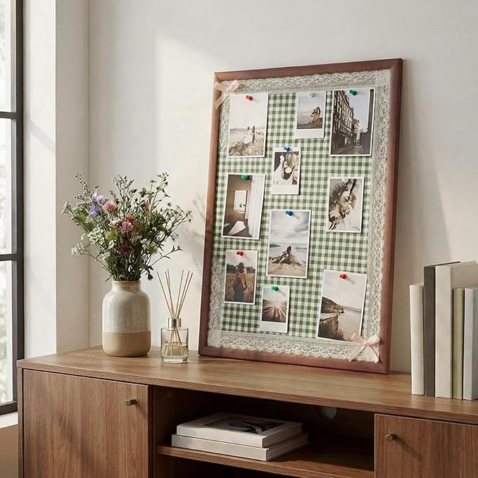 Leinuosen 17 x 23 Cork Board for Walls Decorative Cork Boards Green Gingham Home Decor Small Linen Bulletin Board Framed with Pins for Home Room School Office Decor