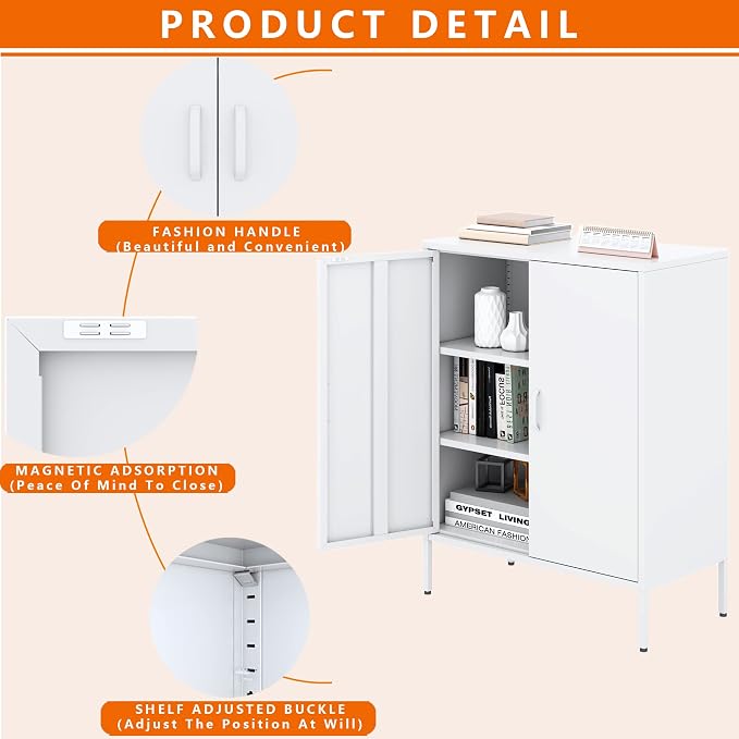 Washsemba Metal Storage Cabinet with Doors and Shelves,Multipurpose Storage Rack, 3-Tier Shelf,Metal Locker Style Accent Cabinet for Home Office,Living Room,Kitchen(White, 40''H)
