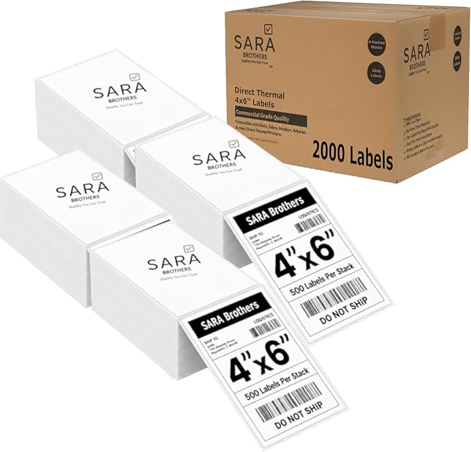 SARA Brothers 4x6 Direct Thermal Shipping Labels (Pack of 2000 Labels / 4 Fanfold Stacks), Commercial Grade, Waterproof, BPA-Free, Compatible with Rollo, Munbyn, Zebra