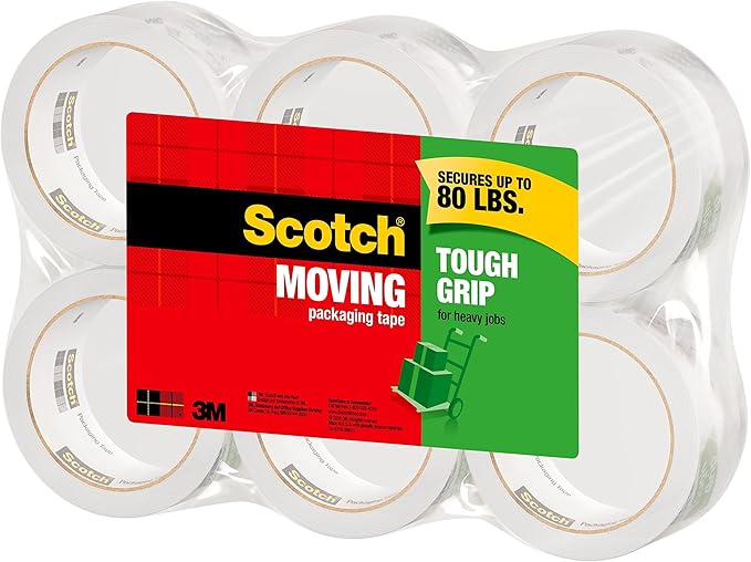 Scotch Tough Grip Moving Packing Tape, Clear, Moving Tape That Secures Boxes up to 80 Pounds, 1.88 in. x 43.7 yd., 6 Tape Rolls