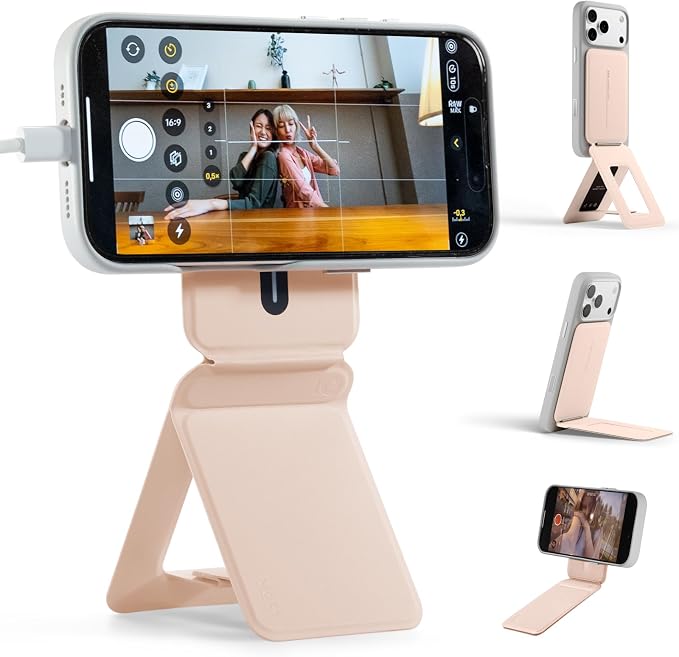 MOFT Magnetic Phone Stand, Invisible MagSafe Tripod with Angle Adjustment, Stain-Resistant MOVAS Leather Cell Phone Stand for iPhone 17/16/15/14/13/12, Foldable Office Desk Accessories-Peach Pink