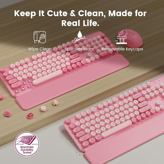 Wireless Keyboard and Mouse Combo, Magnetic Wrist Rest, Round Keycaps, Pink | Full-Size Retro Typewriter Style, Tilt Legs, 2.4GHz Cordless for MacOS, Windows PC, Laptop - Soft Blush Pink, SABLUTE CK23