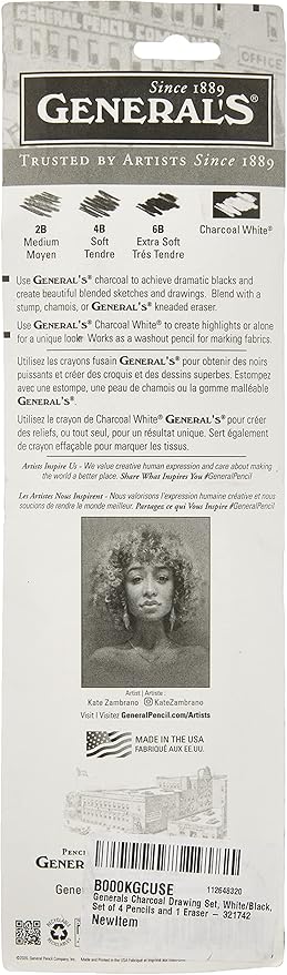 GENERAL'S Charcoal Drawing Set, White/Black, Set of 4 Pencils and 1 Eraser - 321742 (Pack of 2)