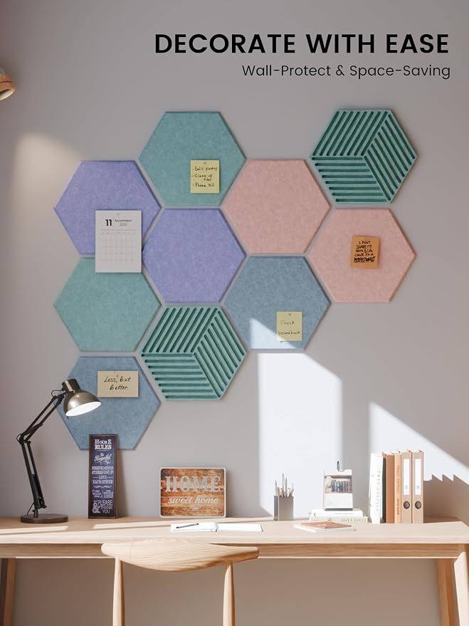 Fluxynara 10-Pack Hexagon Felt Bulletin Board Tiles, Coastal Haze | Cork Board Alternative for Wall Decor and Vision Boards, with 50 Adhesive Tabs for Home, Office, Classroom or Dorm.