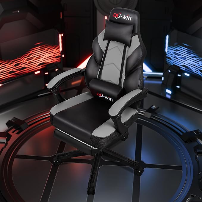 Gaming Chairs for Adults, Computer Chair with Footrest and High Back, Big and Tall Gamer Chair's with Massage Lumbar Support, 360° Swivel Height Adjustable Gaming Chair, Grey