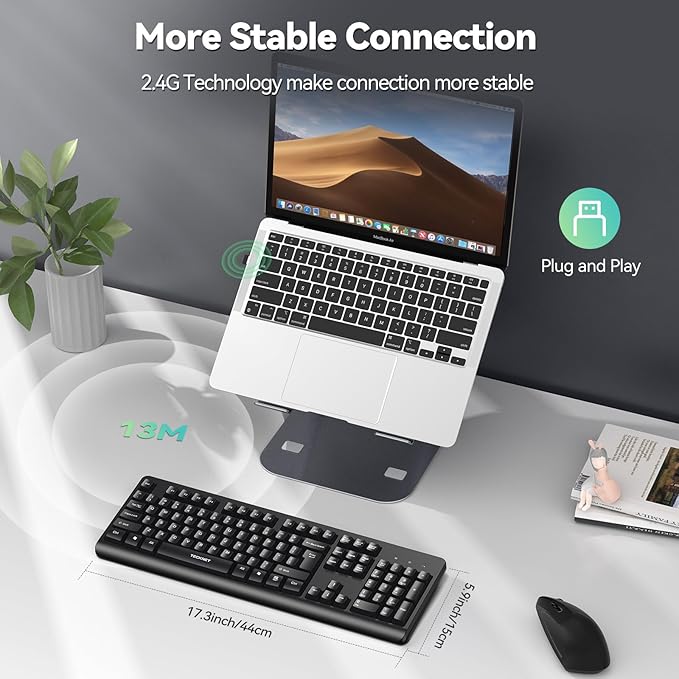 TECKNET Wireless Keyboard, 2.4G Silent Full-Size Keyboard with Number Pad | Ergonomic Keys & Adjustable Feet, Compatible with Laptop, PC, Desktop, Notebook, Windows 11/10/8/7 –Black