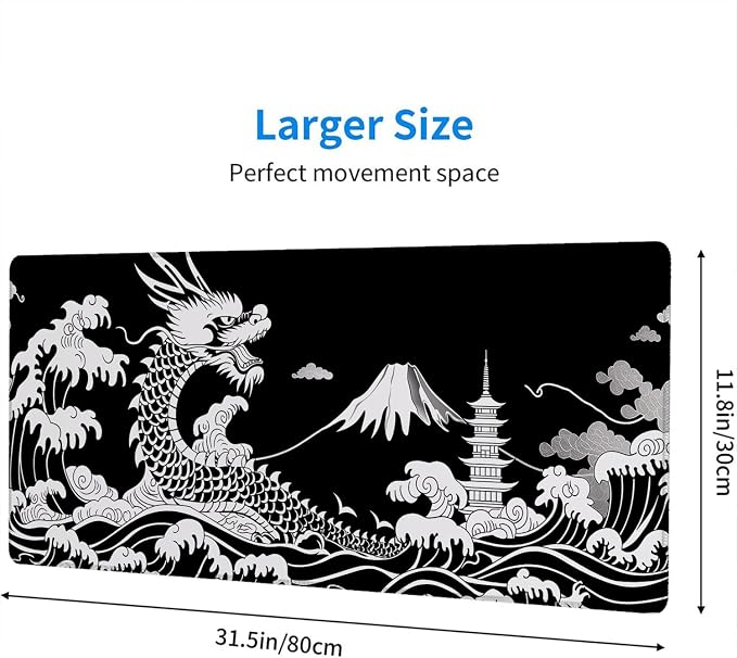 Dragon Desk Mat Gaming Mouse Pad Black White Japanese Sea Wave Extended Gaming Mouse Pad Mat with Stitched Edge Non-Slip Base Big Mouse Pad Office Computer Keyboard Laptop Home 31.5"x11.8"