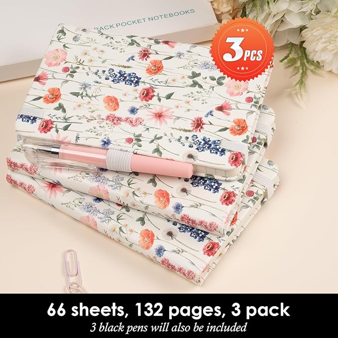 (3 Pack) Small Notebook Pocket Journal for Women, A6 (3.7" x 5.7") Aesthetic Floral Mini Notebook with Pen, Leather Lined Note Book with 400 Pages 100 GSM Thick Paper, Gift for Women Girls