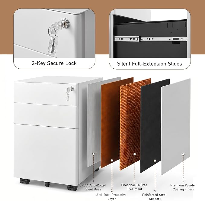 Approgreent Fully Assembled 3 Drawer File Cabinets for Home Office | Lockable Mobile Filing Cabinet with Anti-tipping Wheels, Fits A4, Letter & Legal Size Files & Folders, Matte White