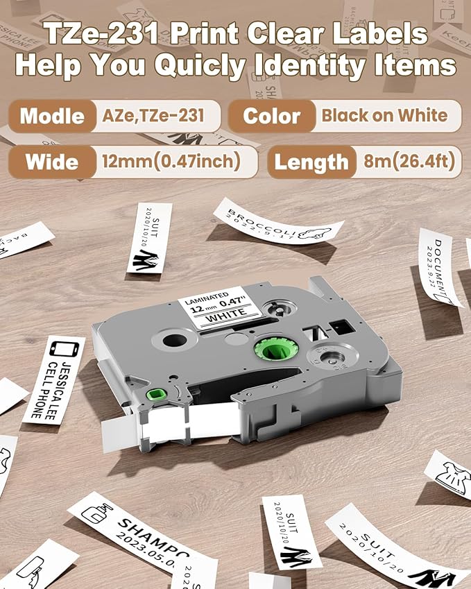 MarkDomain Laminated 0.47" White Label Tape Replacement for TZe-231 Brother Label Maker Tape 12mm 0.47" TZe TZ Tape Compatible with Brother P-Touch PT-D210 PT-H110 PT-D220 PT-1880, 6-Pack