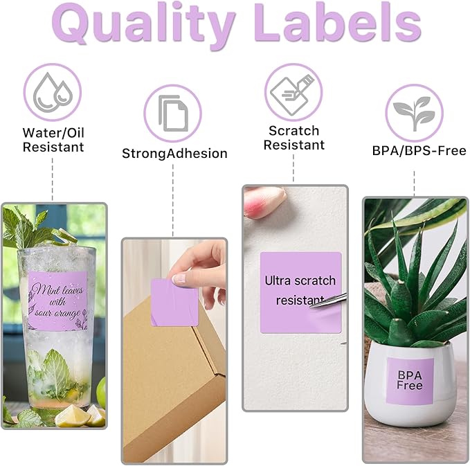 Square Thermal Label Stickers, 2"x2" (50.8mm x 50.8mm) Compatible with Multiple Thermal Printers Self-Adhesive Square Direct Strong Adhesive Thermal Labels, Purple, 500 Sheets/Roll