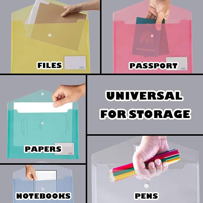 10 Pack Plastic Envelopes for Documents, Clear Folders with Label Pockets, 5 Colors 2 Each, Clear Poly File Folders Letter Size/A4, Hook and Loop Closure,Document Envelopes for School Office Home
