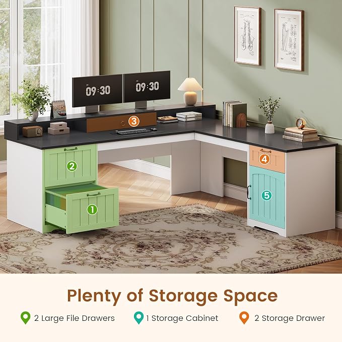 SEDETA Farmhouse 63" L Shaped Desk with Drawers and Storage Cabinet | Office Desk with File Drawers, Wood Corner Computer Desk with Storage, Home Office Desk with Monitor Stand,Black and White