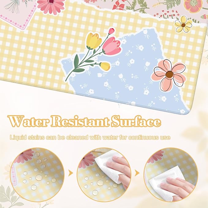 iCasso Aesthetic Checkered Desk Mat with Floral Design, Butter Yellow | XXL Mouse Pad and Keyboard Mat, Cute Flower Mousepad for Grily Desktop Decor, Office Home Laptop Accessories