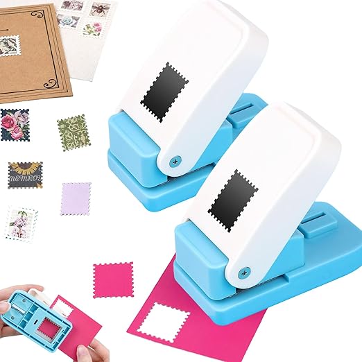 2 Pcs Stamp Punches, Rectangular Embossed Edge Postage Stamps Shape Paper Punch, Square Hole Stamps Craft Puncher for Paper Crafting Scrapbooking, 1x0.8 Inch Stamping-Out Cutter Crafts Supplies Tools