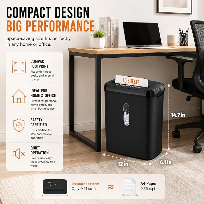 10-Sheet Strip Cut Paper Shredder with Jam Proof System, P-2 Security Level, 5-Minute Continuous Operation, 3.17 Gallon Capacity, Black