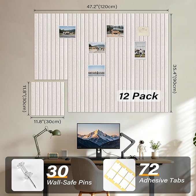 Felt Bulletin Board,47.2"x35.4" 12 Pack Cork Board Alternative-Oatmeal | Large Felt Wall Tiles for Office & Home Decor,Pin Board for Walls with 30 Pcs Pushpins and 72 Adhesive Tabs