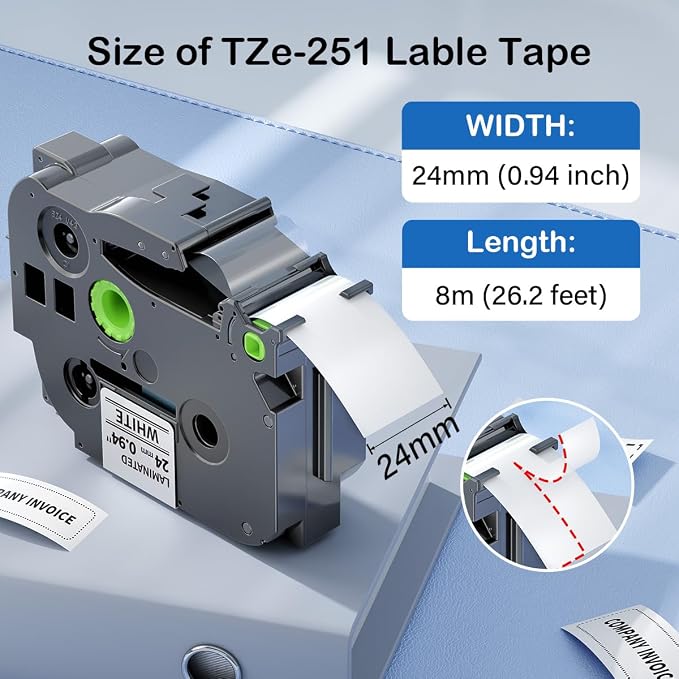 10-Pack TZe-251 24mm TZe Label Maker Tape Compatible with Brother P Touch | TZ Label Tape 24mm 0.94 Laminated White TZe251 TZ-251 1'' for Brother PT-D600 PT-D610BT PT-P710BT P700 P750W
