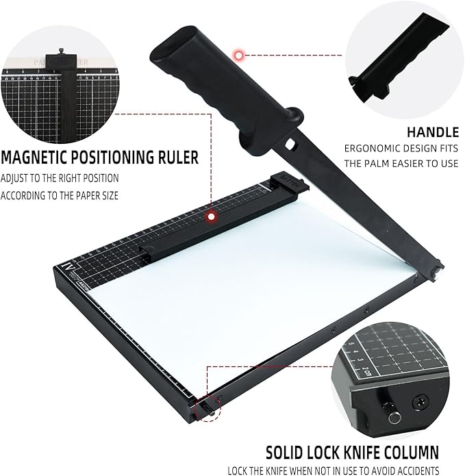 12" Guillotine Paper Cutter - 10 Sheet Capacity for Cardstock, Photos & Crafts | Heavy Duty Steel Base with Safety Guard | Ideal for Office, School or Home Use
