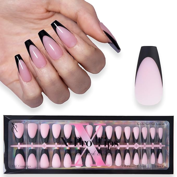 SXC Cosmetics French Tip Press On Nails 150 Pieces in 15 Sizes Ultra Fit with Pre-applied Tip Primer and Base Coat, No Need to File Fake Nails for Nail Art DIY X-Pro Tips (BLACK120-M Coffin)