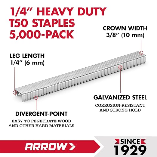 Arrow 504 T50 Staples, 1/4-Inch Leg, 3/8-Inch Crown, 5000 Count | Heavy Duty, For Upholstery, Construction, Furniture, Crafts, Fit Arrow T50 Staple Guns, Hammer Tackers and Pneumatic Tools