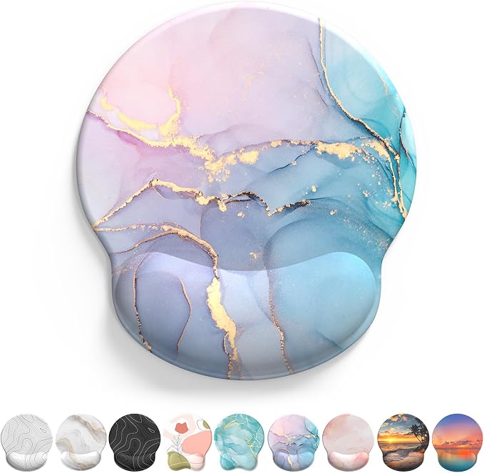 Mouse Pad with Wrist Rest, Comfortable Computer Mousepad with Gel Wrist Support Smooth Surface and Non-Slip PU Base for Pain Relief, Laptop, Office & Home (Cyan Pink Marble)
