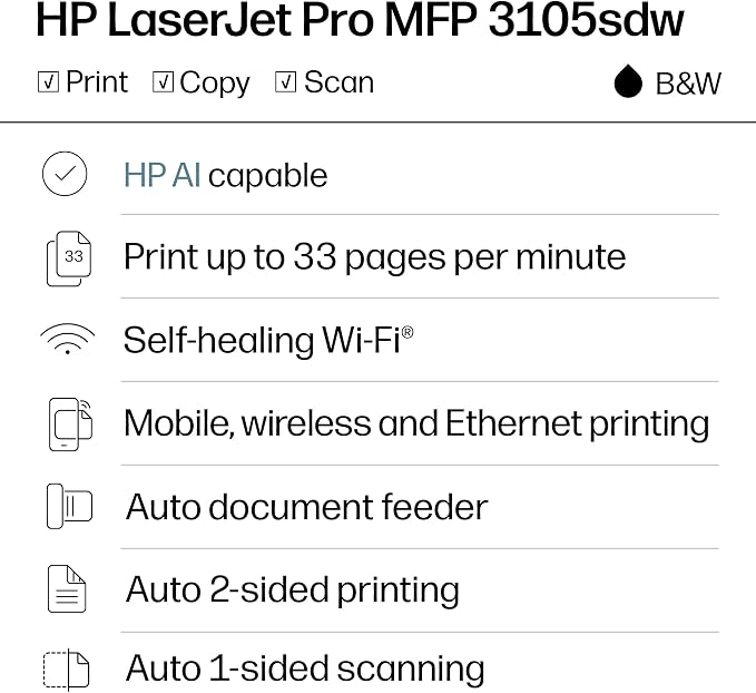 HP LaserJet Pro MFP 3105sdw Wireless Printer, Print, scan, Copy, Fast speeds, Easy Setup, Mobile Printing, Advanced Security, Best-for-Office, AI-Capable (3G646A)