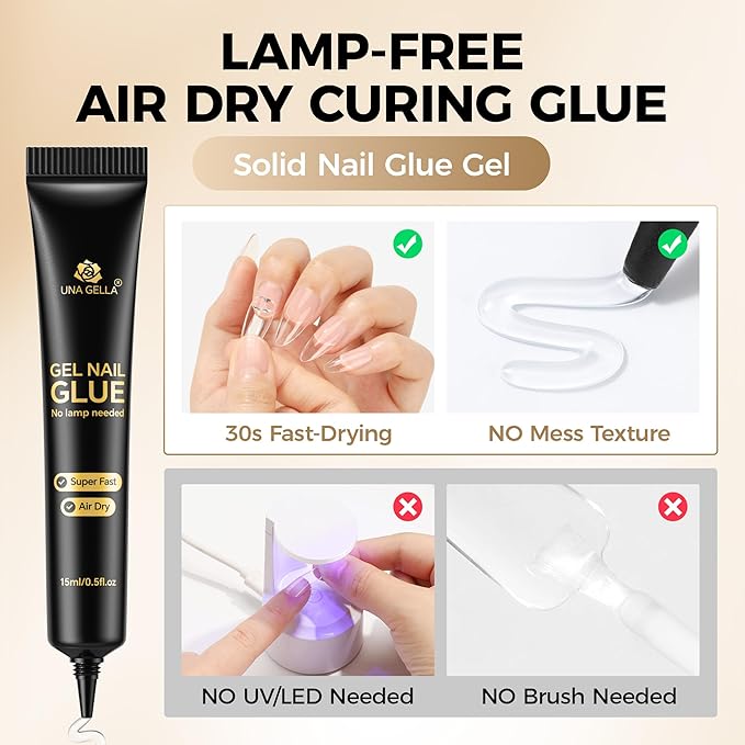 UNA GELLA Strong Nail Glue Gel, 15ml*2pcs No U V/Lamp Needed Nail Gel Glue, Quick Air Dry Semi Solid False Nail Glue, Super Strong Nailglue For Press Ons Acrylic Nails Tips Extension DIY Kit