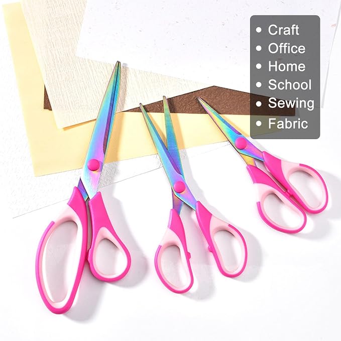 Zicolu Craft Scissors Set of 3 pack, Sharp Rainbow Titanium Coating All Purpose Scissors, Ergonomic Semi-Soft Rubber Grip, Suitable for School, Office and Household Use, Pink, 8.5''/6.5''/5.5"